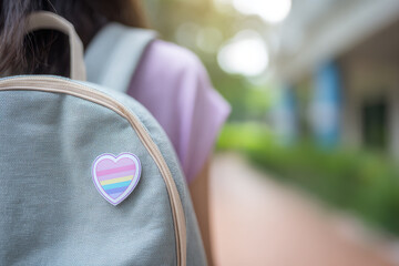 Backpack heart sticker rainbow pastel outdoor student school soft focus casual walking and pride are featured this of person with pastel rainbow heart sticker backpack evoking sense of acceptance