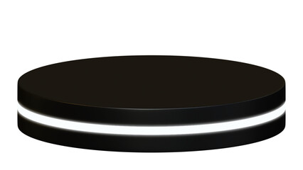 A sleek black circular display podium with a transparent background, featuring a glowing white LED ring, perfect for futuristic product showcases and tech-themed presentations.

