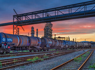 Marshalling yard at sunset with liquid transport train wagons and petrochemical industry on the background, Port of Antwerp, Belgium 