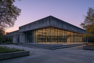Obraz premium Minimalist concrete and glass concept building with sharp angular geometry. The brutalist facade contrasts elegantly with sleek glass surfaces, highlighted by dramatic sunset lighting 