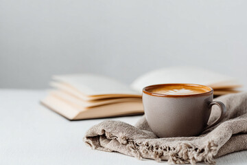 Still life in boho style of a artisan cup of coffee next to a book