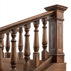 Fototapeta premium Detailed view of ornate wooden staircase balusters and handrail isolated on white background