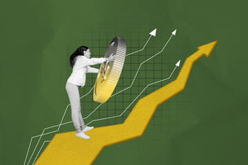 Sketch image trend artwork montage photo collage o arrow growth young lady fly successs hold coin...