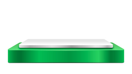 Modern rectangular display podium with a vibrant green base and a sleek white top, ideal for product showcases on a transparent background.

