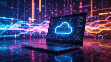 Modern laptop displays glowing cloud brain icon amidst vibrant neon data streams and digital circuitry
