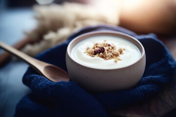 A warm bowl of yogurt topped with fresh blueberries sits on a wooden cutting board in a sunlit kitchen, evoking a calm morning atmosphere perfect for breakfast