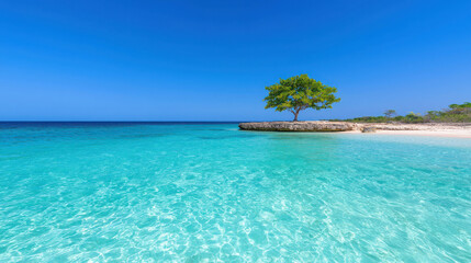 Fototapeta premium Serene Tropical Beach with Crystal Clear Water, Lush Green Tree, and Bright Blue Sky Under a Sunny Day – Perfect for Relaxation and Escape