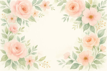 Vintage floral background with romantic pink roses, elegant frame, and decorative hearts for a wedding or Valentine's Day card design