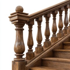 Detailed view of ornate wooden staircase balustrade and steps isolated on white background
