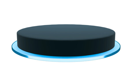 Dark circular product display podium with a glowing blue light rim, perfect for sleek presentations on a transparent background.