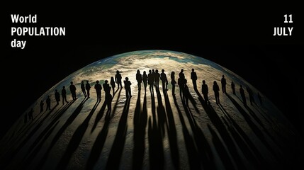 World population day poster with silhouette of humans standing on the globe.