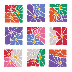 Vivid square tiles displaying vintage floral motifs, collection of decorative abstract flowers with bright color palette