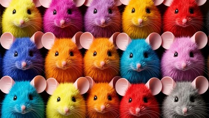 Group of colorful fluffy mice arranged in rows with vibrant fur and large pink ears on a dark background
