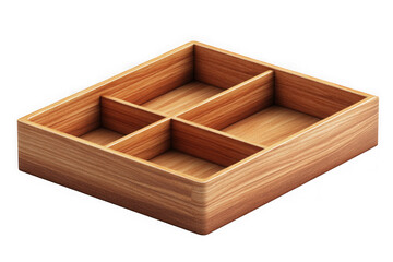 Wooden organizer box with dividers, desktop storage container, craft supply holder, home decor, rustic style, wood grain texture, isolated on transparent background