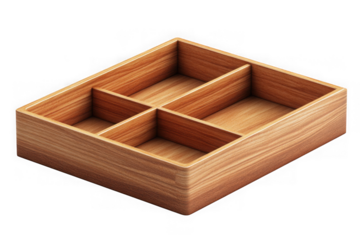 Wooden organizer box with dividers, desktop storage container, craft supply holder, home decor, rustic style, wood grain texture, isolated on transparent background