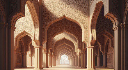Obraz premium Interior Architecture Islamic Arches Archway Corridor Hallway Ornate Pattern Sunlit