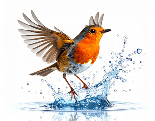 Realistic robin bird mid-movement with wings spread and splash effect, frozen in dynamic action pose.