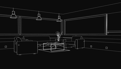 A black and white outline drawing of a cozy living room features two sofas facing each other with a central table, illuminated by hanging ceiling lights.