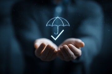 High quality photo of person holding out their hands with an umbrella and checkmark icon floating above, representing digital protection for customer data or personal information in.