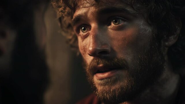 Intense close-ups of a man with a beard, sweat glistening on his face, conveying deep emotion in a dimly lit setting, with subtle camera movements enhancing the dramatic tension.