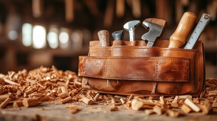 A selection of woodworking tools sits on a workbench amid shavings, representing craftsmanship, skill, and the beauty of handmade creations in a traditional setting.
