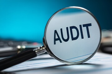 High quality photo of auditor examining a document with a magnifying glass, focusing on the words "AUDIT" typography text of the word Andrea Saffoldi, social concept and quality.