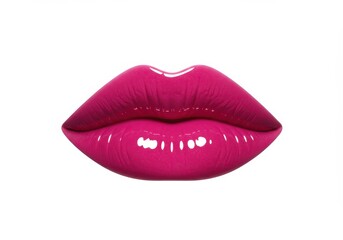 Close-up of full lips with bright pink glossy lipstick against a white background