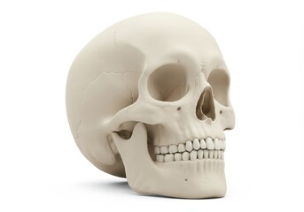 Anatomical model of a human skull, side view on white background