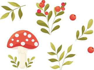Illustration with fly agaric, lingonberry branch. blueberry branch