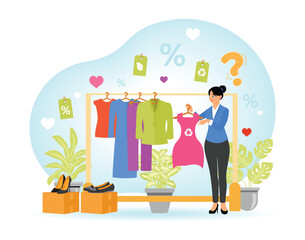 Eco Friendly Fashion. Woman Shopping for Sustainable Clothing with Eco-Friendly Items and Discounts.
