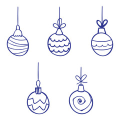 Christmas ball icon set. Outline blue marker ink contour, doodle sketch hand drawn blob stroke line. Hanging toy collection. Festive ornament, new year party graphic web design. Vector illustration