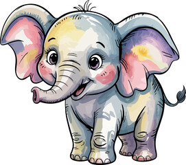 Fototapeta premium A playful baby elephant is captured in this delightful watercolor illustration. With large, floppy ears and a trunk raised in a happy gesture, the little elephant exudes joy.