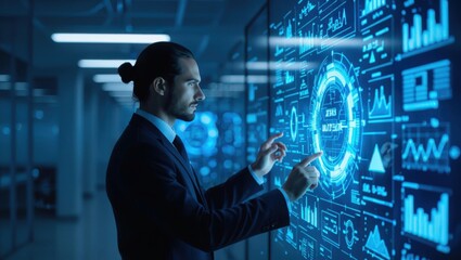 Man in suit interacting with futuristic blue digital interface displaying graphs and data