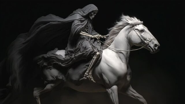 Photorealistic depiction of the fourth seal opened, evoking a haunting mood. A skeletal figure rides a white horse, symbolizing conquest and death, reminiscent of biblical revelations.