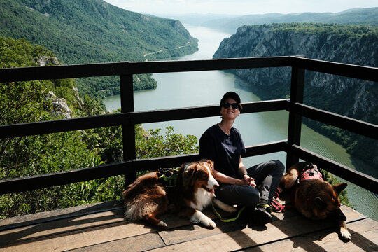 Happy young woman and two dogs relaxing on Ploce viewpoint above the Danube River in Djerdap National Park, Serbia. Travel with pets concept. German and Australian shepherds with female owner outdoor.