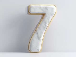 A luxurious and modern number seven shaped from marble with golden edges, set against a light grey background.
