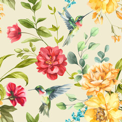 Watercolor blooms in pink, red, and yellow create a rhythmic floral pattern, layered with fresh greenery vibrant tones and natural flow bring this lively scene to life