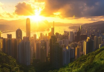 Fototapeta premium Sunrise over Hong Kong skyscrapers