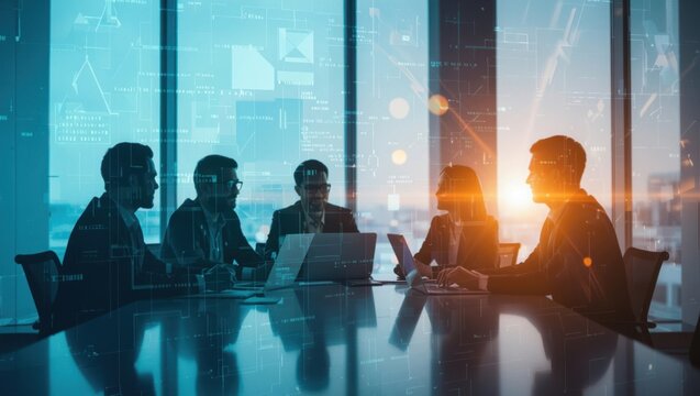 Diverse team collaborates on digital strategy with futuristic data visualizations during a modern business meeting