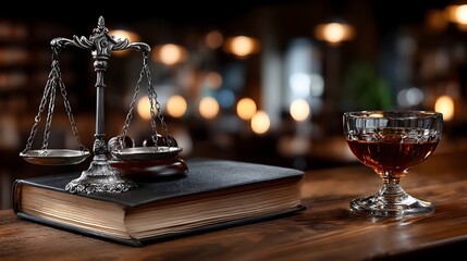 Law scales, book, and drink