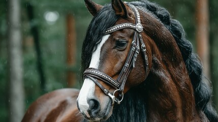 Majestic brown horse adorned with a detailed bridle stands gracefully amidst a lush forest backdrop on a serene day