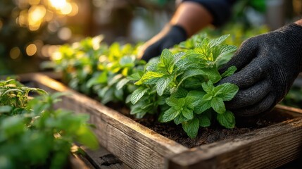 Small space herb farming with gloved hands tending planter box, micro herb garden care and compact vertical grow captured in neat soil rhythm and efficient green layout
