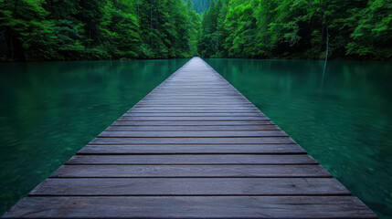 Fototapeta premium Serene wooden pier stretching into tranquil green waters surrounded by lush forest and distant mountains in a peaceful natural landscape