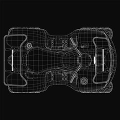 A 3D wireframe model of an ATV on a black background, featuring intricate mesh lines and smooth curves for a realistic appearance. The detailed structure highlights the vehicle's aerodynamic design.