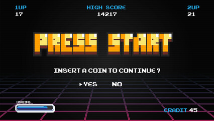 PRESS START INSERT A COIN TO CONTINUE .pixel art .8 bit game.retro game. 