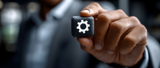 Man holding gear cube, office background