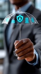 Man holding digital umbrella, city background, protection