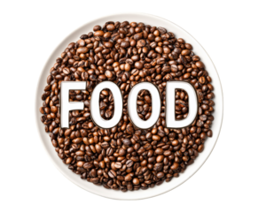 Food coffee bean typography plate, creative edible letter design, brown roasted coffee beans arranged on white round dish, isolated background, artistic and playful concept