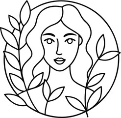 Women and flowers line art. Girl with flowers and leaves one line vector drawing