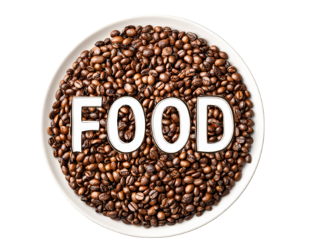 Food coffee bean typography plate, creative edible letter design, brown roasted coffee beans arranged on white round dish, isolated background, artistic and playful concept